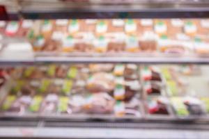 Abstract fresh meat shelves in supermarket grocery store blurred defocused background with bokeh light photo