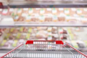 Empty red shopping cart with Abstract fresh meat shelves in supermarket grocery store blurred defocused background with bokeh light photo