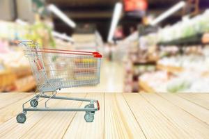 abstract blur organic fresh fruits and vegetable aisle on grocery shelves in supermarket store background with shopping cart and wood table photo