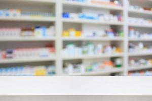 Pharmacy counter store table background with medicine shelves in drugstore photo