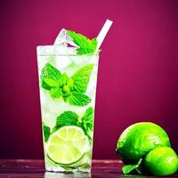 Fresh mojito alcohol cocktail drawing with lime, mint leaves and ice. picture and image food illustration for background content photo