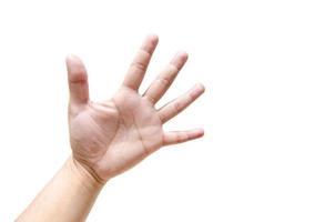 Palm hand gesture on left hand for concept of Rock Paper Scissors game isolated on white background. photo