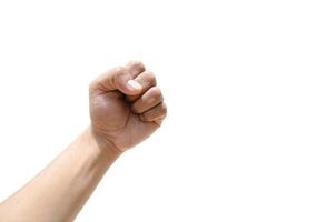 Fist gesture on left hand for concept of Rock Paper Scissors game isolated on white background. photo