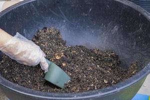 gardener old women use plastic grove in hand holding green spade for mixing soil and fertilizer in black plastic circle pot photo