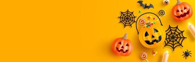 feliz plantilla de fondo de halloween con calabaza de halloween y elementos de halloween sobre fondo naranja. sitio web espeluznante, fondo o banner plantilla de halloween foto