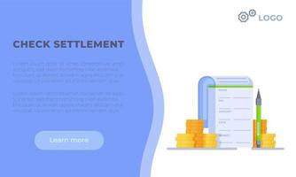 Drawing on white and blue background. Vector illustration of check settlement.