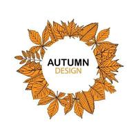 Vector autumn background, cutout paper label, circle frame with fallen yellow chestnut leaves