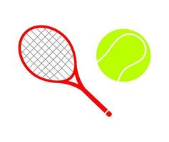 Big tennis racket and green ball isolated on white background vector icon set. Cartoon doodle play game equipment.
