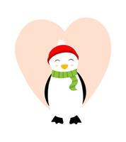 Cute valentine's day holiday celebration greeting card template with penguin isolated on white background. Flat cartoon vector illustration with animal character and heart shape. Love feeling concept.