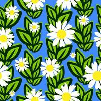 Floral seamless pattern. Botanical fabric print template. Vector illustration with white camomile flowers and green leaves.