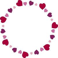 Round frame with pink and purple hearts on white background. Vector image.