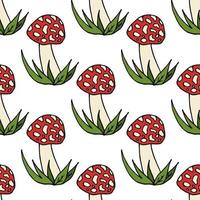 Seamless pattern with cozy amanita muscaria on white background. Vector image.