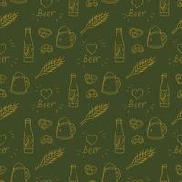 Seamless pattern with beer mugs and bottle and snacks on dark green background. Vector image.