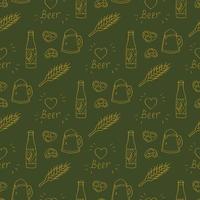 Seamless pattern with beer mugs and bottle and snacks on dark green background. Vector image.