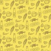 Seamless pattern with beer mugs and bottle and snacks on yellow background. Vector image.