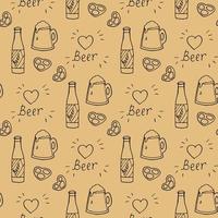 Seamless pattern with beer mugs and bottle on light orange background. Vector image.