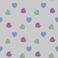 Seamless pattern with hearts in discreet blue, green and violet colors on light gray background. Vector image.