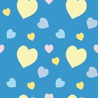 Seamless pattern with pink, yellow, blue hearts on bight blue background. Vector image.