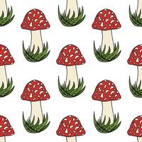 Seamless pattern with handdrawn amanita muscaria on white background. Vector image.