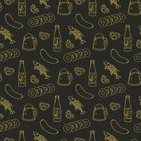 Seamless pattern with beer mugs and bottle and snacks on black background. Vector image.
