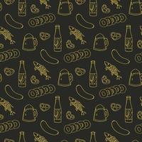 Seamless pattern with beer mugs and bottle and snacks on black background. Vector image.