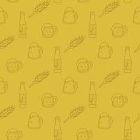 Seamless pattern with beer mugs and bottle on yellow background. Vector image.