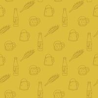 Seamless pattern with beer mugs and bottle on yellow background. Vector image.