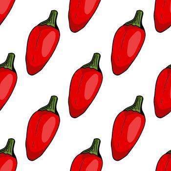 Seamless pattern with creative red peppers on white background. Vector image.