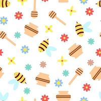 patrón infantil sin costuras sobre un fondo blanco. abejas, miel y un tarro de miel vector