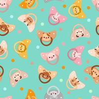 Seamless children's pattern on a green background. A dummy with animals. Pacifier for children vector