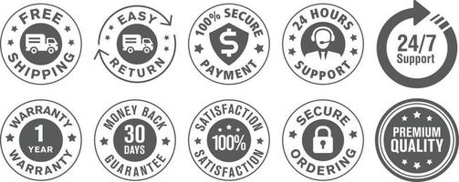 Collection of ecommerce security icon for free shipping, easy return, secure ordering etc. isolated on white background.
