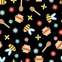 Seamless children's pattern on a black background. Bees, honey and a honey pot vector