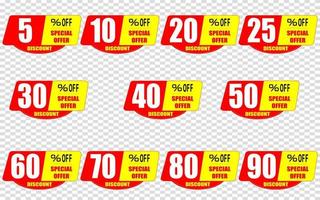 5, 10, 20, 25, 30, 40, 50, 60, 70, 80, 90 percentage off, Discount stickers set for shop, retail, promotion vector