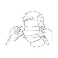 Vector illustration of a person putting on a mask drawn in line-art style