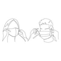 Vector illustration of a person putting on a mask drawn in line-art style