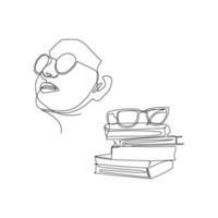 ilustración vectorial de un retrato de una niña con gafas y libros dibujados al estilo de línea aprt vector