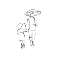 Vector illustration of man and child walking in the rain drawn in line-art style