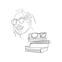 ilustración vectorial de un retrato de una niña con gafas y libros dibujados al estilo de línea aprt vector