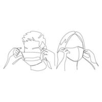 Vector illustration of a person putting on a mask drawn in line-art style