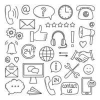 Hand drawn set of customer service doodle icons. Client support, call center in sketch style. Hotline symbols. Phone, clock, shaking hands, headphones. vector