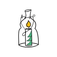 Burning candle in a retro jar isolated on white background. Christmas decoration. Doodle style vector illustration isolated on white.