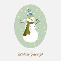 ilustración vectorial de muñeco de nieve con gorro de punto y bufanda. linda decoración de invierno. buena ilustración para tarjetas de felicitación. vector