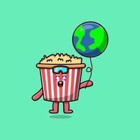 Cute cartoon Popcorn floating with world balloon vector