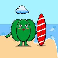 Cute cartoon Cactus character playing surfing vector