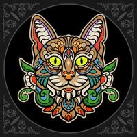 Cabeza de gato colorida artes mandala aislado sobre fondo negro vector