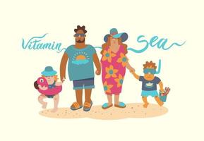 familia feliz en la playa. niña pequeña con círculo de natación, papá y mamá, niño pequeño con máscara y snorkel para nadar. vector