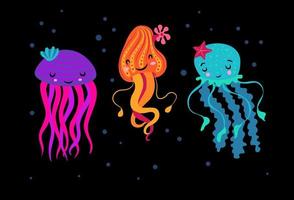 three cute jellyfish of purple, orange and turquoise color with seashells and starfish on their head on a black background. vector