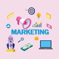 conjunto de concepto de iconos de marketing. marketing vectorial plano con megáfono y símbolo comercial vector