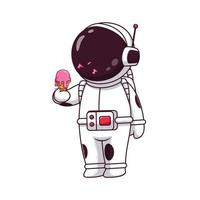 lindo astronauta comiendo helado. concepto de icono de astronauta. estilo de dibujos animados plana. adecuado para página de inicio web, pancarta, volante, pegatina, tarjeta vector