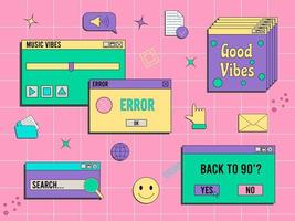 Set of vaporwave UI and UX elements. PC retro game frame. Nostalgic style 70s, 80s, 90s. vector